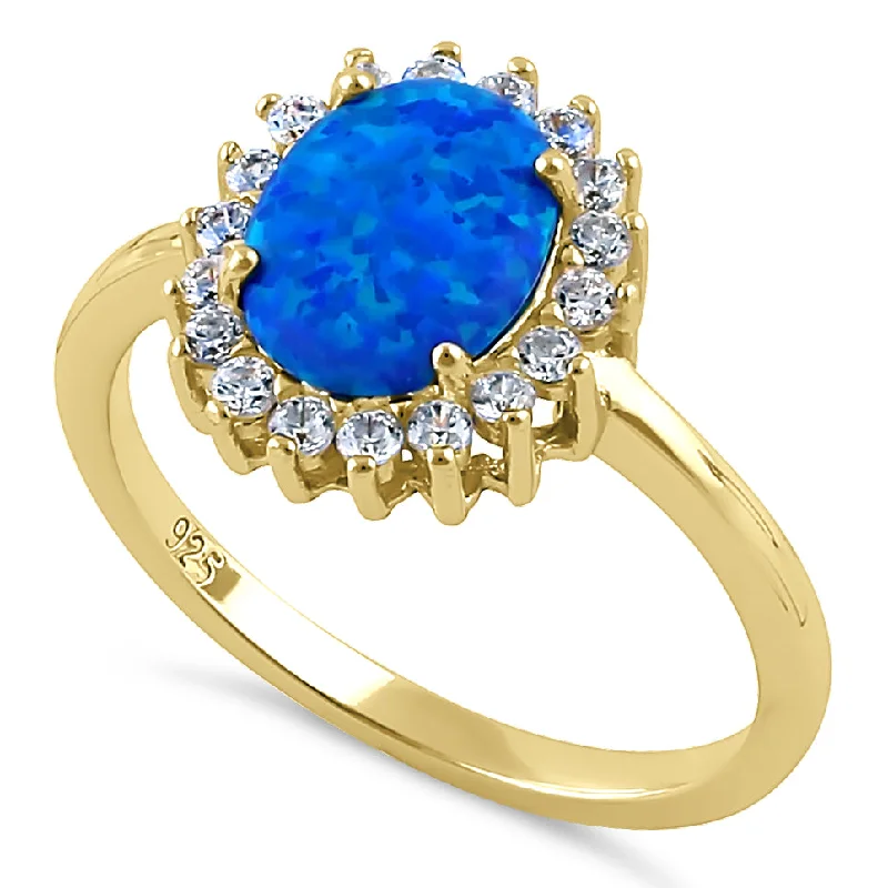 Men’s Promise Rings-Sterling Silver Gold Plated Oval Blue Lab Opal CZ Ring