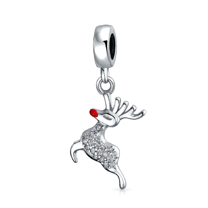 Personalized Bangle Bracelets-Rudolph Red Nose Reindeer Christmas Charm Bead for European Bracelets Sterling Silver