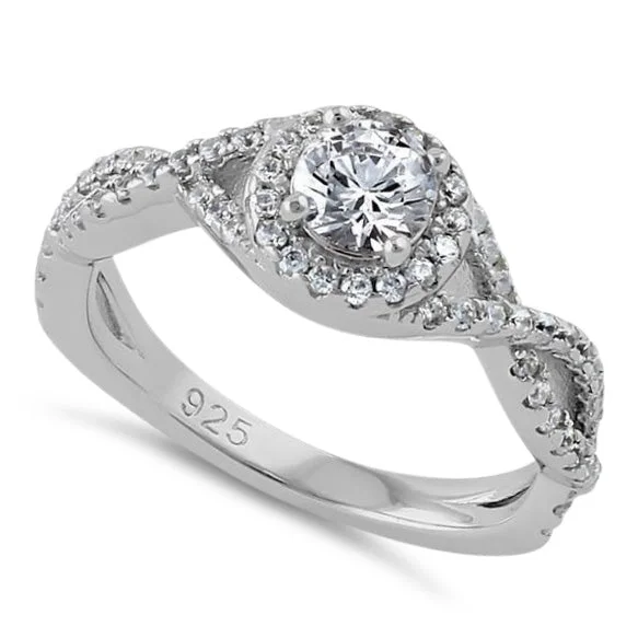 Couples Rings-Sterling Silver Halo Twisted CZ Engagement Ring