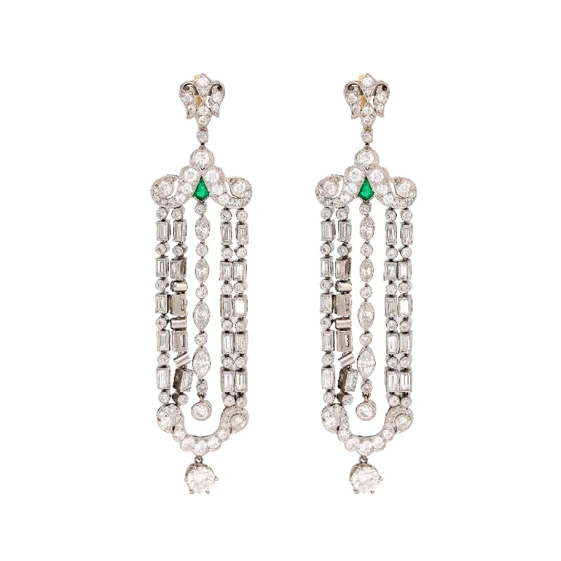 Sterling Silver Earrings-Art Deco inspired 9.2 carat diamond emerald platinum chandelier earrings