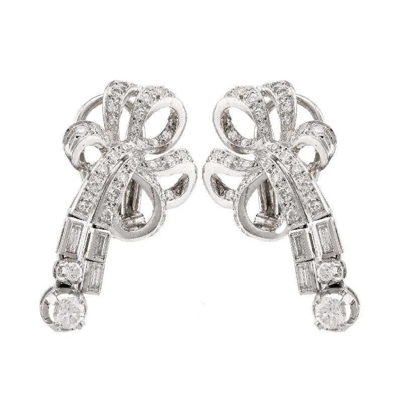 Bridal Earrings-Mid Century Diamond Platinum Ribbon Earrings