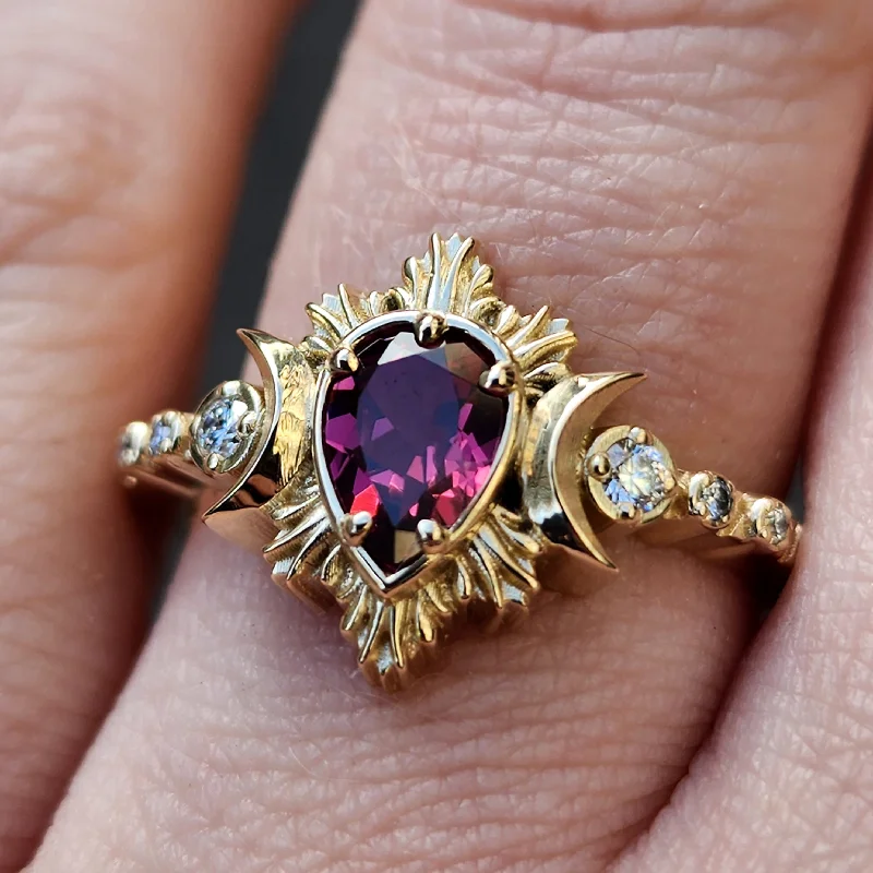 Religious Rings-Pear Rhodolite Garnet Engagement Ring with Crescent Moons and Diamonds - Moon Fire Celestial 14k Yellow Gold Wedding Ring