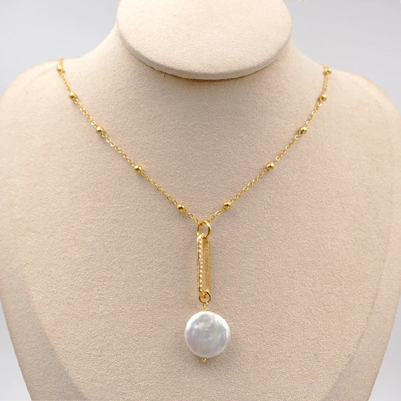 Engraved Necklaces-Freshwater Pearl Titanium Steel Gold Plated Vintage Style Baroque Style Round Chain Pendant Necklace