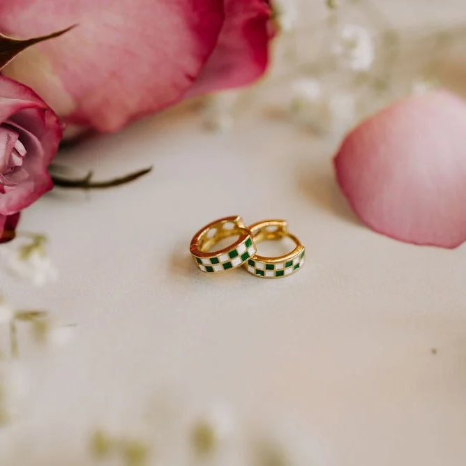 Evening Earrings-Green & White Checkered Hoops