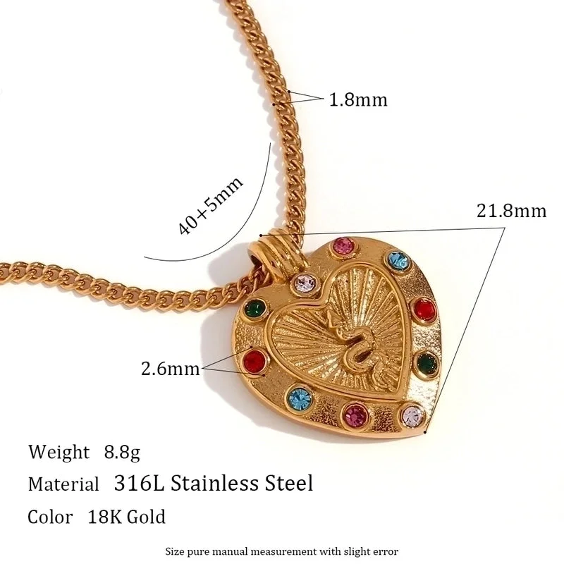 Casting round Diamond Snake Heart Pendant Necklace-Gold-Colorful crystals