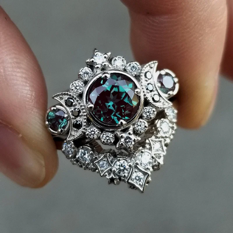 Wedding Ring Bands-Selene Moon Goddess Ring Set - Alexandrite with Black and White Diamonds and Diamond Stardust Wedding Band - 14k Palladium White Gold