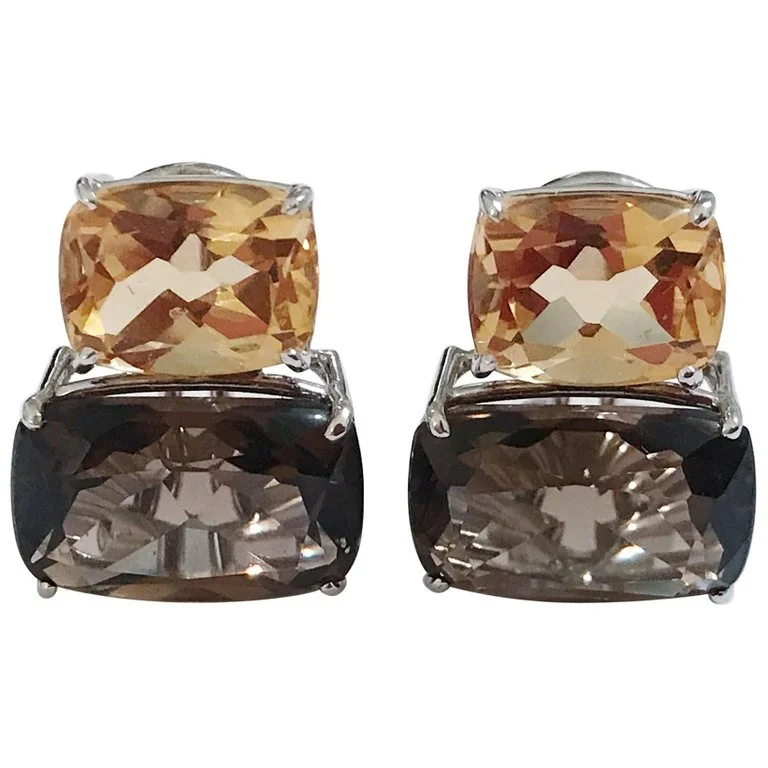 Metal Earrings-White Gold Double Cushion Earrings with Citrine and Smokey Topaz