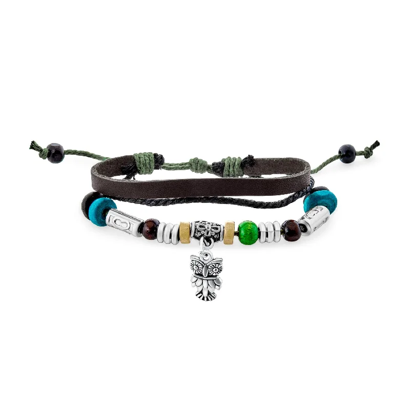 Custom Bracelets with Name-Boho Zen Bird Triple Wrap Bracelet with Turquoise Beads and Owl Charm for Men