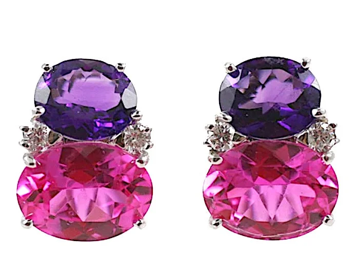 Long Drop Earrings-Large GUM DROP™ Earrings with Deep Amethyst and Pink Topaz and Diamonds