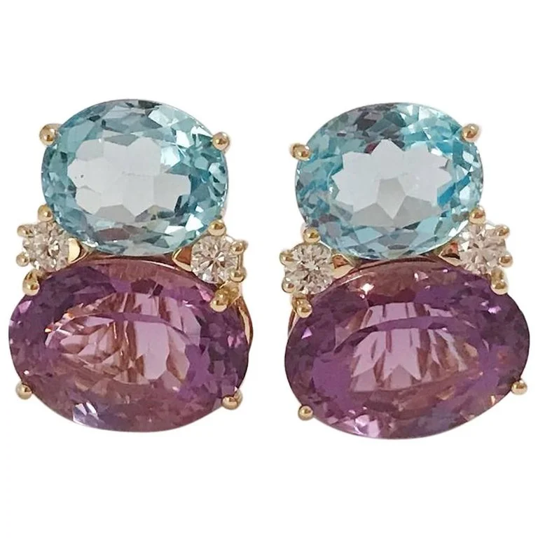 Silver Filigree Earrings-Large GUM DROP™ Earrings with Pale Blue Topaz and Bright Amethyst and Diamonds